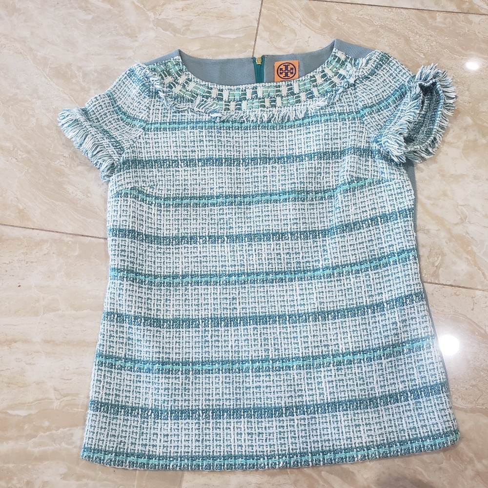 Tory Burch Blue and White Tweed Top